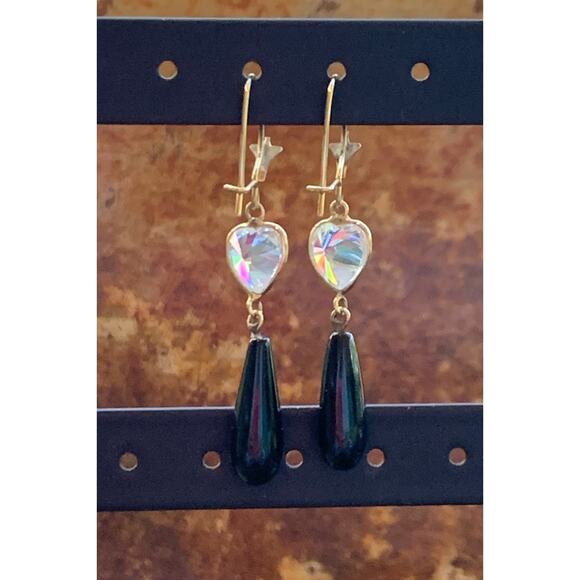 14K Gold, Black Onyx and Heart Shaped Cubic Zirconia Dangle Earrings Vintage - Picture 6 of 6